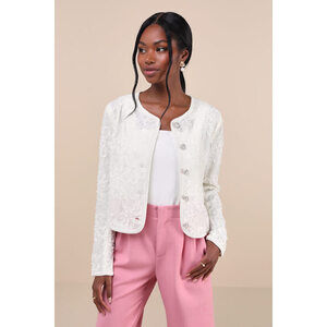 Lulus Sophisticated Confidence Ivory Lace Pearl Braid Trim Jacket White - Size M